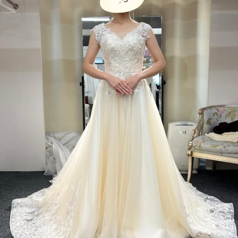 ホワイトレースVネックウェディングドレス カーネーション - シフォン レース Vネック スレンダーライン