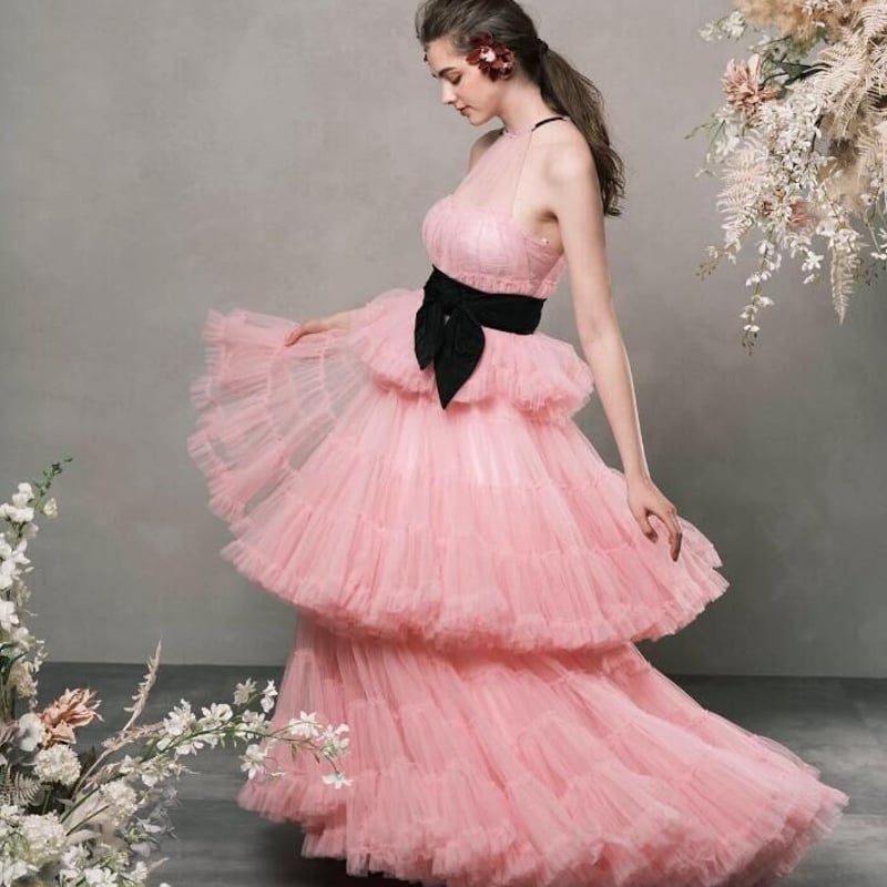 カラードレス ピンク 柔らかく重ねたチュールスカート ベルト  