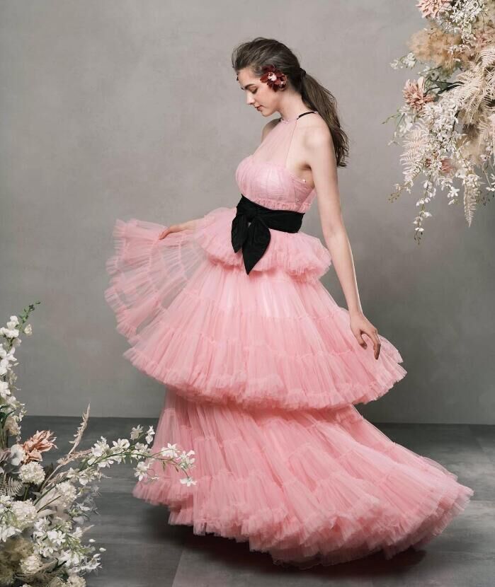 カラードレス ピンク 柔らかく重ねたチュールスカート ベルト  