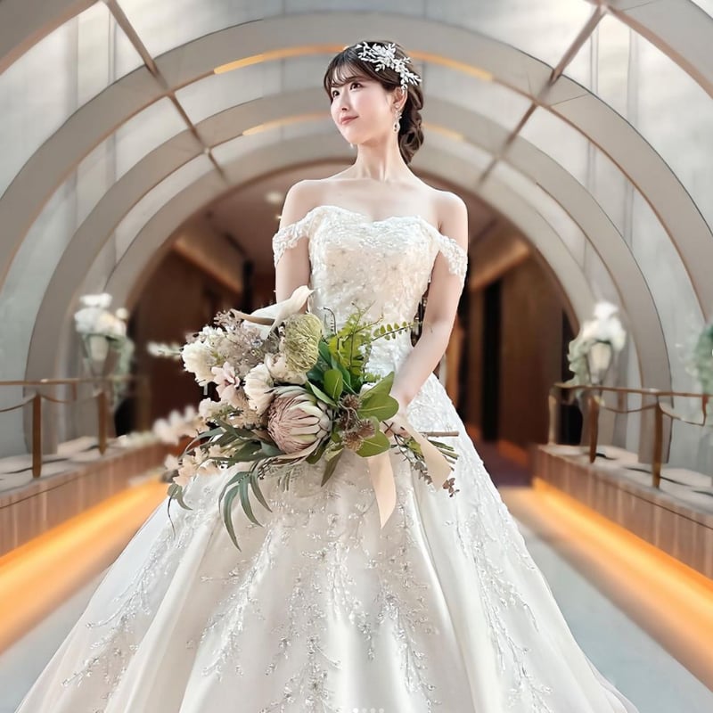 パーティードレス 贅沢な小花総レース オフショルダー 豪華！花嫁