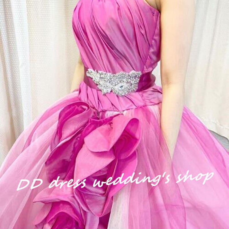 高品質！カラードレ ビビッドピンク ベアトップ 挙式 プリンセスライン  