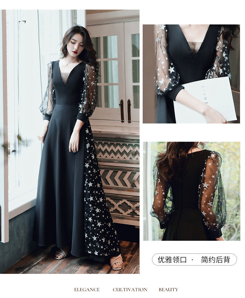 上品！ パーティードレス 黒 Vネックドレス 上品透け袖 ロング