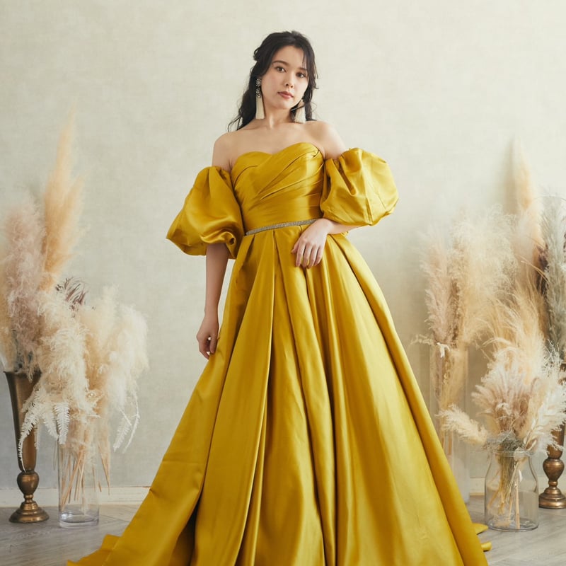 パーティードレス 取り外し袖 イエロー 編み上げ 抜群のおしゃれ見え