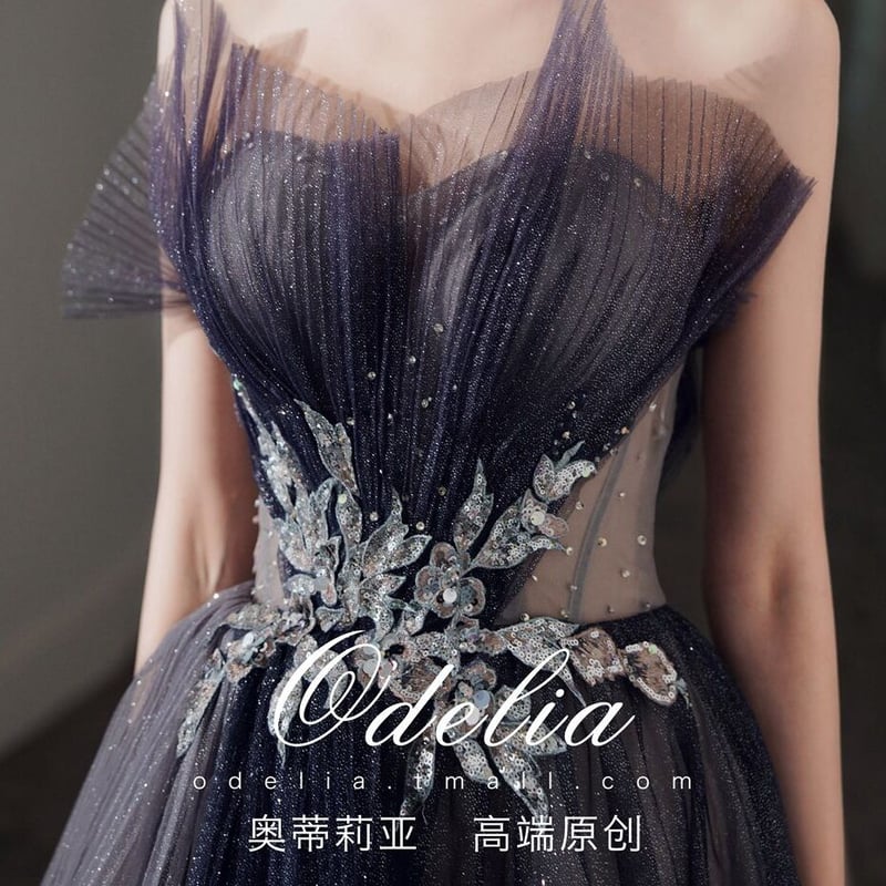 高品質！パーティードレス 紫 ベアトップ キラキラチュール  