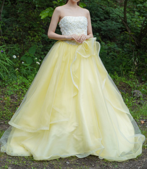 カラードレス ビスチェ 黄色 チュールスカート 編み上げ ロング  