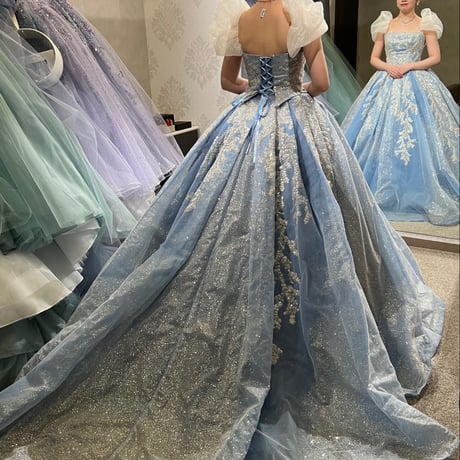 カラードレス   爽やかで優しいブルー    取り外し袖   キラキラ光る刺繍    華やかなトレーン   編み上げ  結婚式   抜群のおしゃれ見え