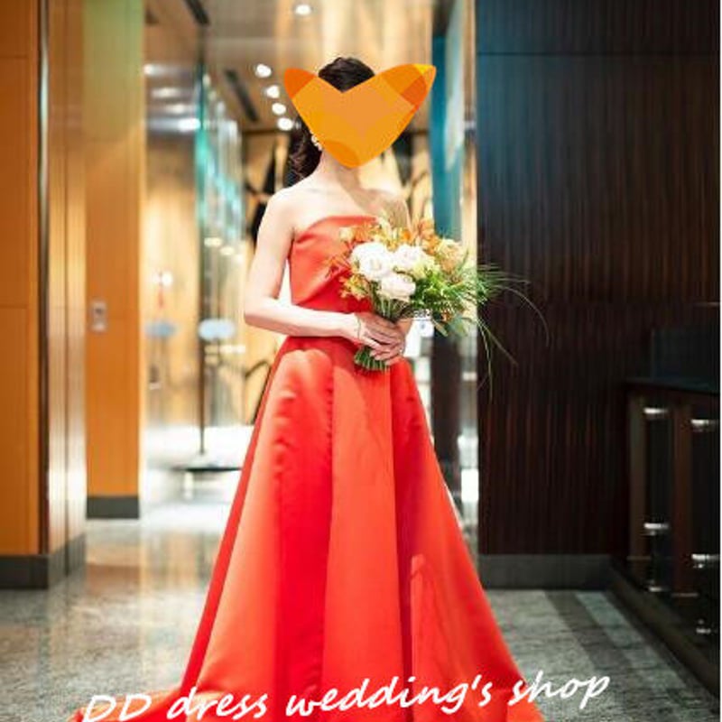 高品質！オレンジ ベアトップ パーティードレス 前撮り 短トレーン  