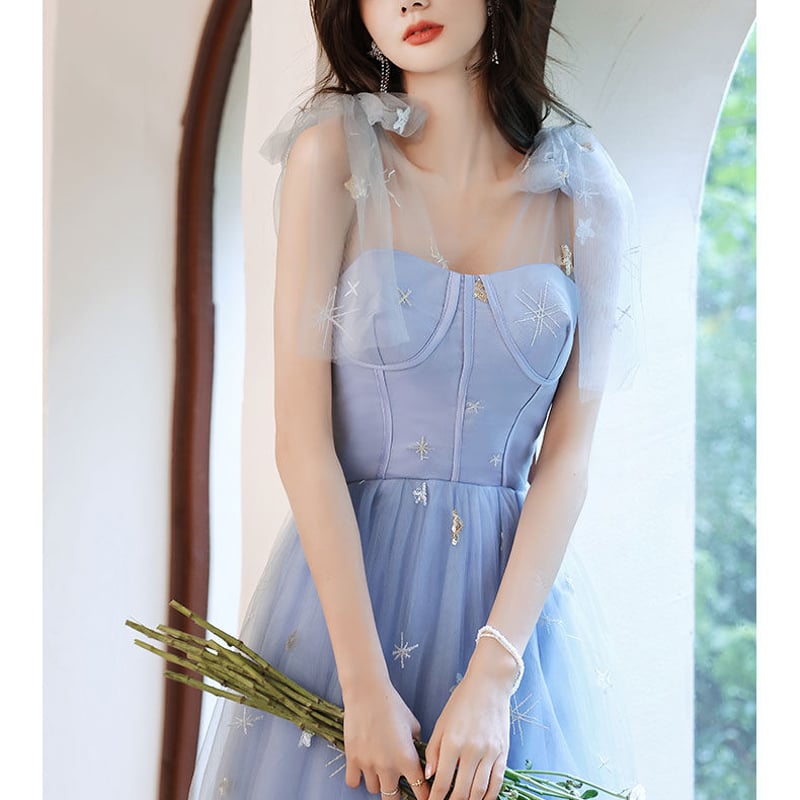 大人気上昇 パーティードレス 水色 キャミソール ソフトチュール  