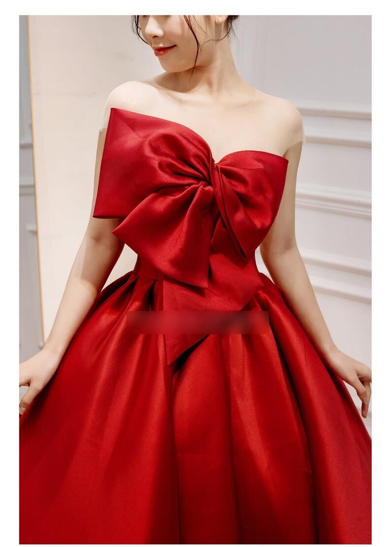 豪華！ パーティードレス  赤  パフスリーブ  シアーな美しさ  舞台ドレス