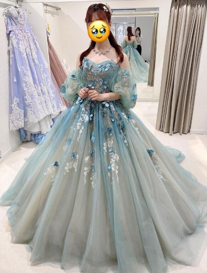 豪華！ ウェディングドレス カラードレス パフスリーブ 爽やかで優しい