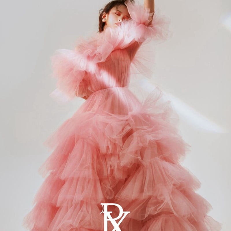 豪華！演奏会 パーティードレス ピンク/水色 オフショル 柔らかく重ね  