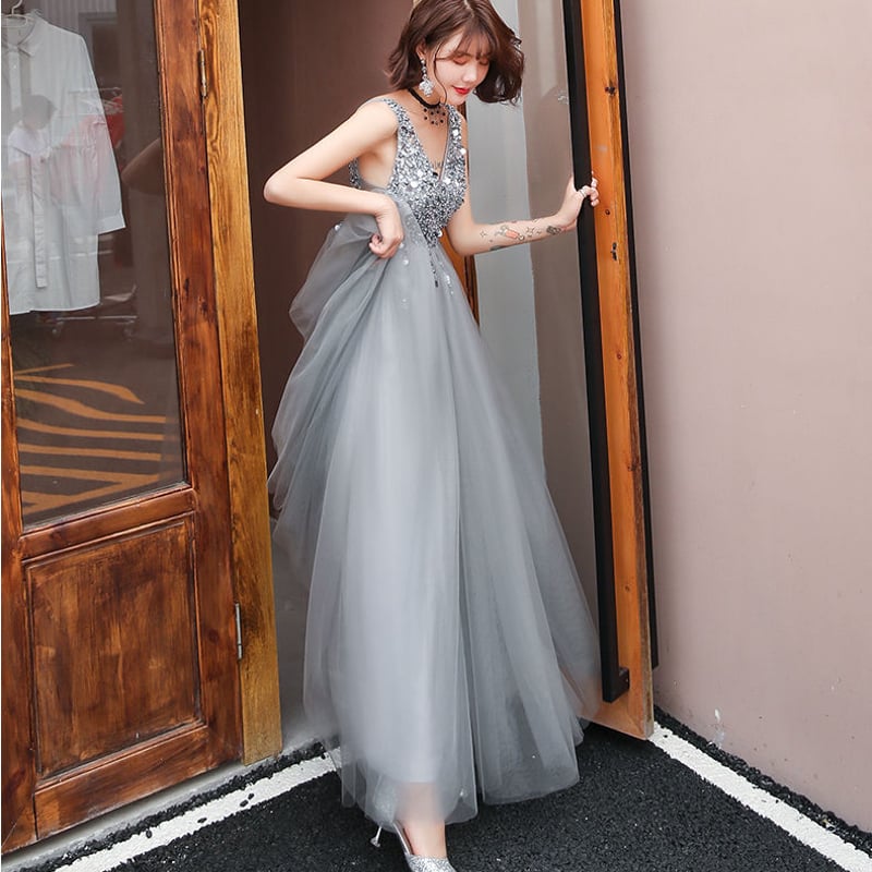 A220高級 ソフトチュール スパンコール 華やか ロング イブニングドレス