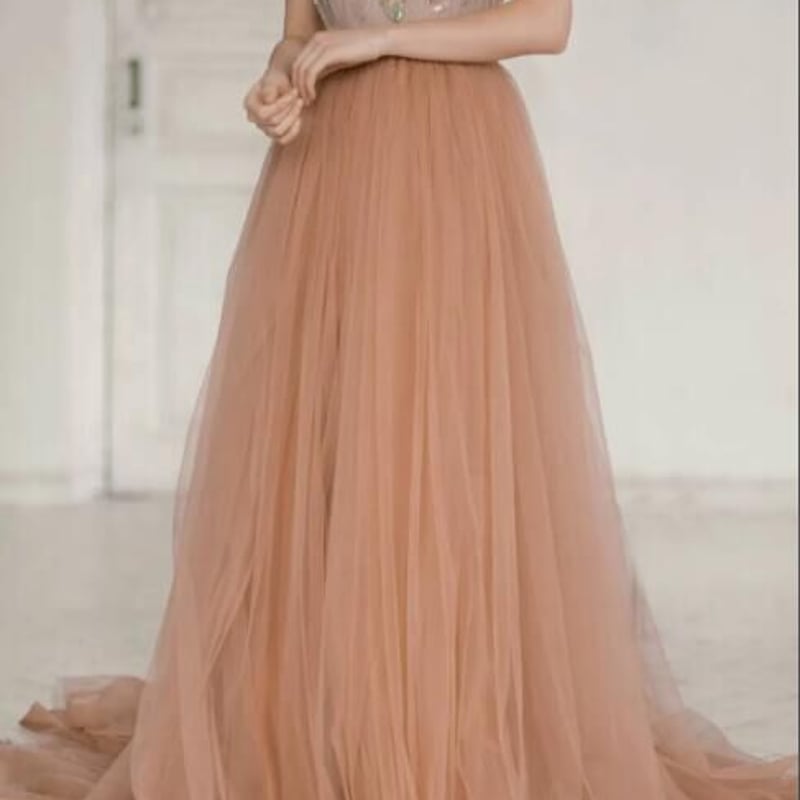 エレガント カラードレス 茶色テラコッタ ソフトチュール 深Vネック  