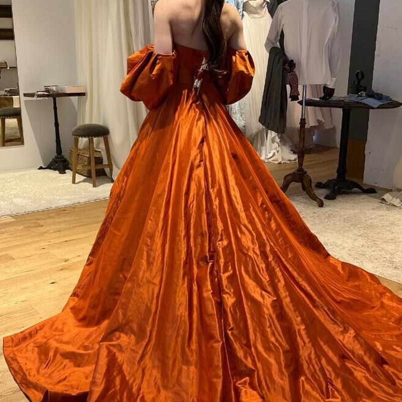 カラードレス   オレンジ   光沢サテン  ベアトップ   二次会   前撮りフォーマル/ドレス