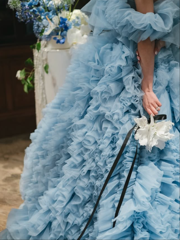 カラードレス オフショルダー 爽やかで優しいブルー ソフトチュール