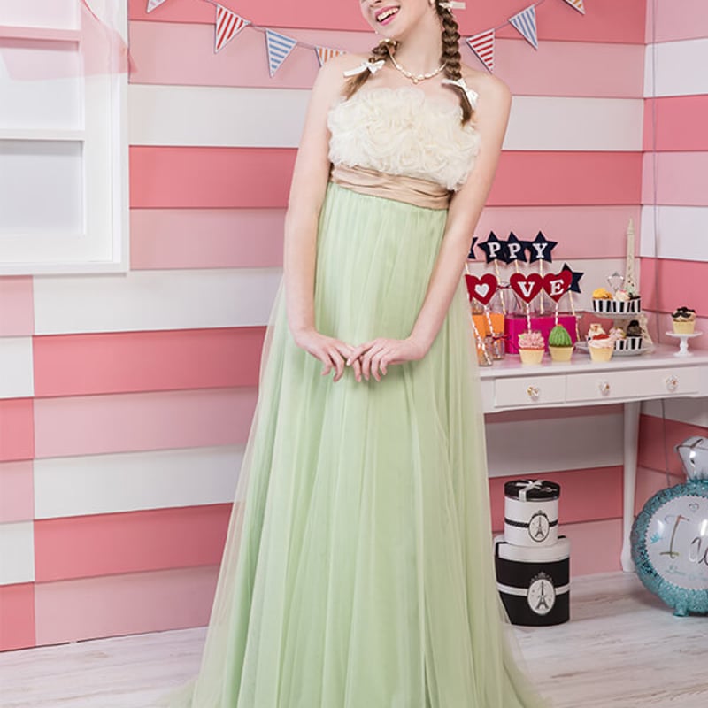 可愛い カラードレス グリーン バックリボン チュールスカート  