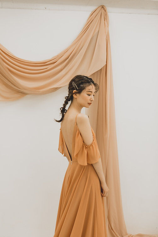 パーティードレス ふんわりシフォン オレンジ キャミソール ファスナー  