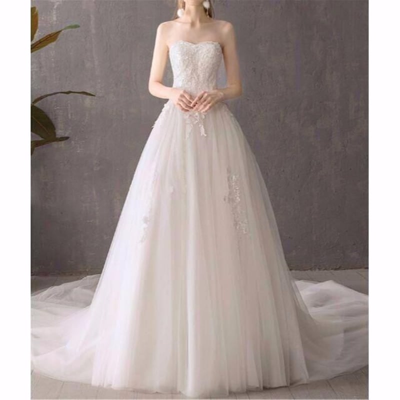 高品質！ウエディングドレス ホワイト ベアトップ ロングトレーン  