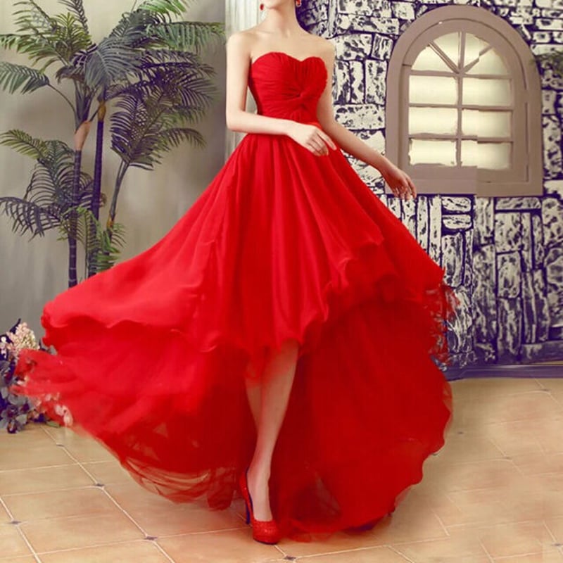 前短後長 トレーンウェディングドレス 赤 ドレスワンピース結婚式  