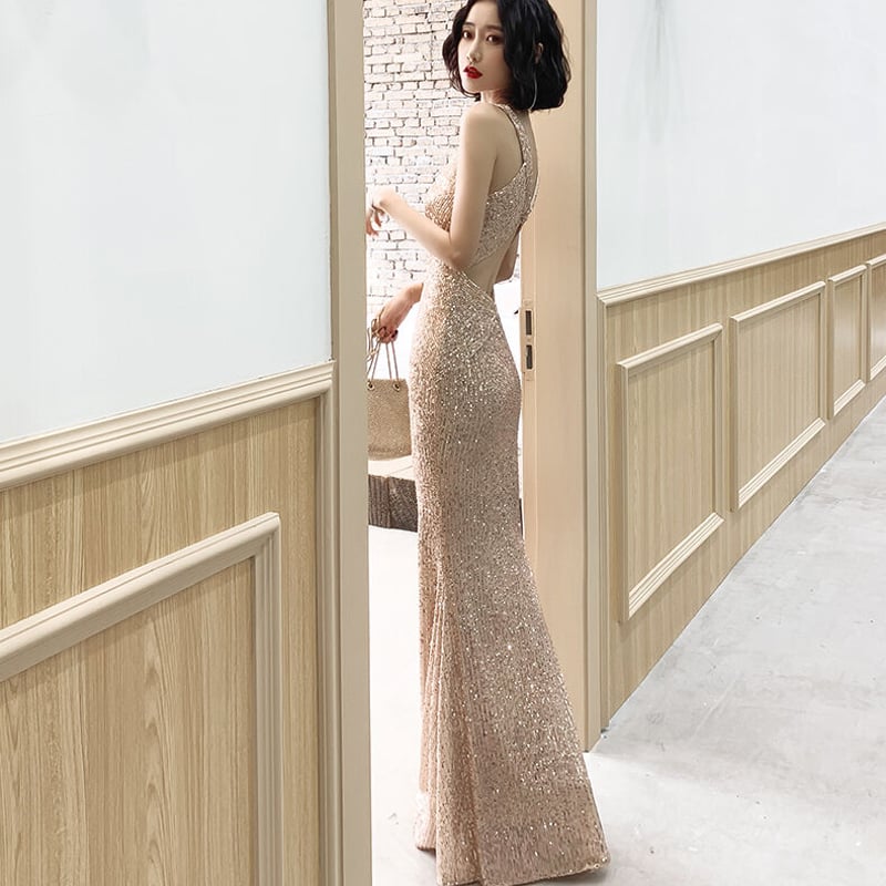 上品！シャンパン色 マーメイドライン パーティードレス スパンコール  