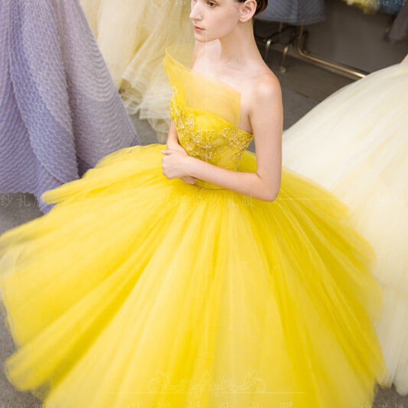 高品質！カラードレス パステルイエロー ベアトップ ソフトチュール  