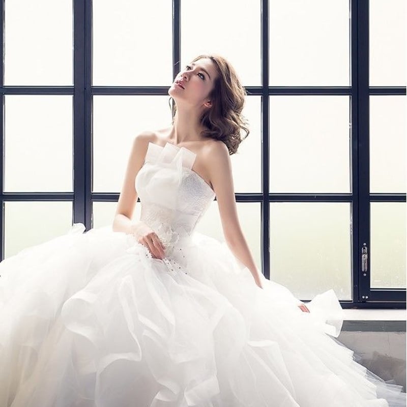 ウエディングドレス ホワイト ソフトチュール レース ベアトップ  