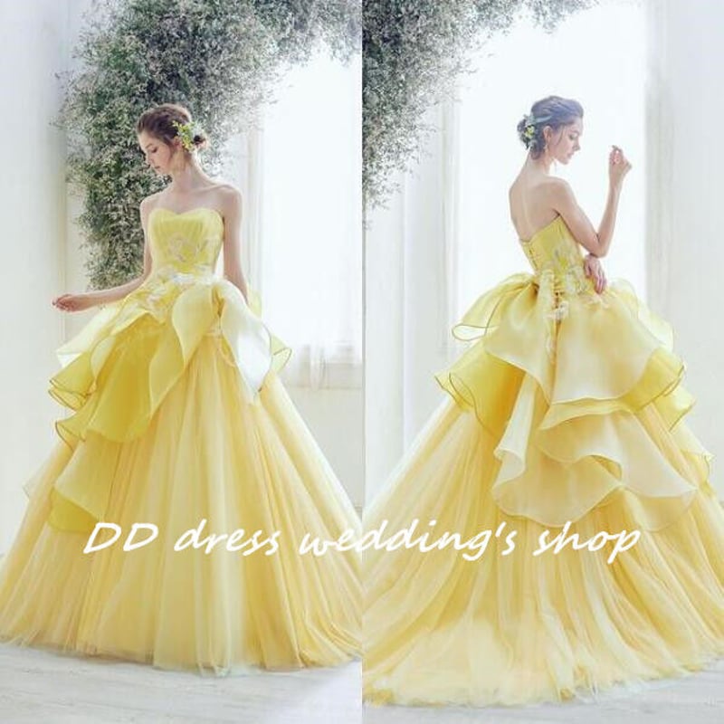 高品質！カラードレス イエロー ベアトップ プリンセスライン 2