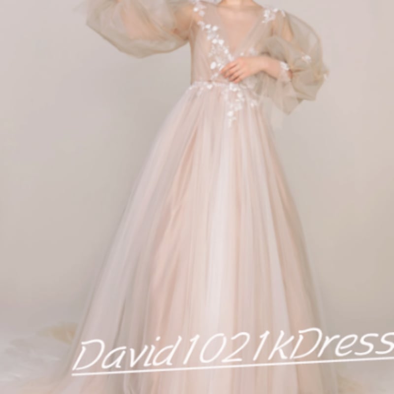 カラードレス アンズの色 前撮り シースルー袖 小花レース 花嫁  