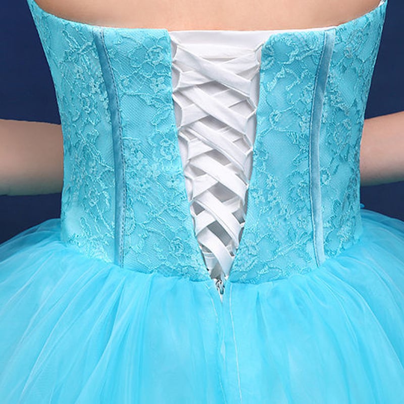 カラードレス 青/ブルー 上質オーガンジー 繊細レースビジュー ベア  