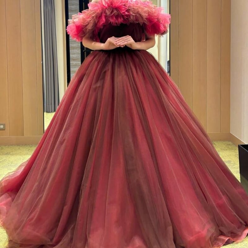 上品！ ワインレッド カラードレス 取り外しオフショルダー チュール  