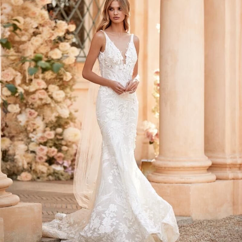 カラードレス ライトブルー 花モチーフ リボン 背中見せ 編み上げ 2次  