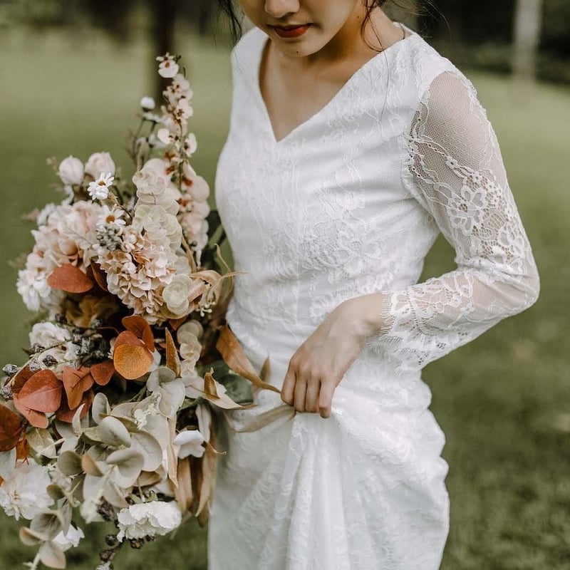 ウエディングドレス 二次会 白 結婚式 前撮り 袖あり レース刺繍 ウエディングドレス 二次会 白 結婚式 前撮り 袖あり レース刺繍