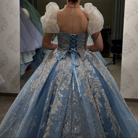 カラードレス   爽やかで優しいブルー    取り外し袖   キラキラ光る刺繍    華やかなトレーン   編み上げ  結婚式   抜群のおしゃれ見え