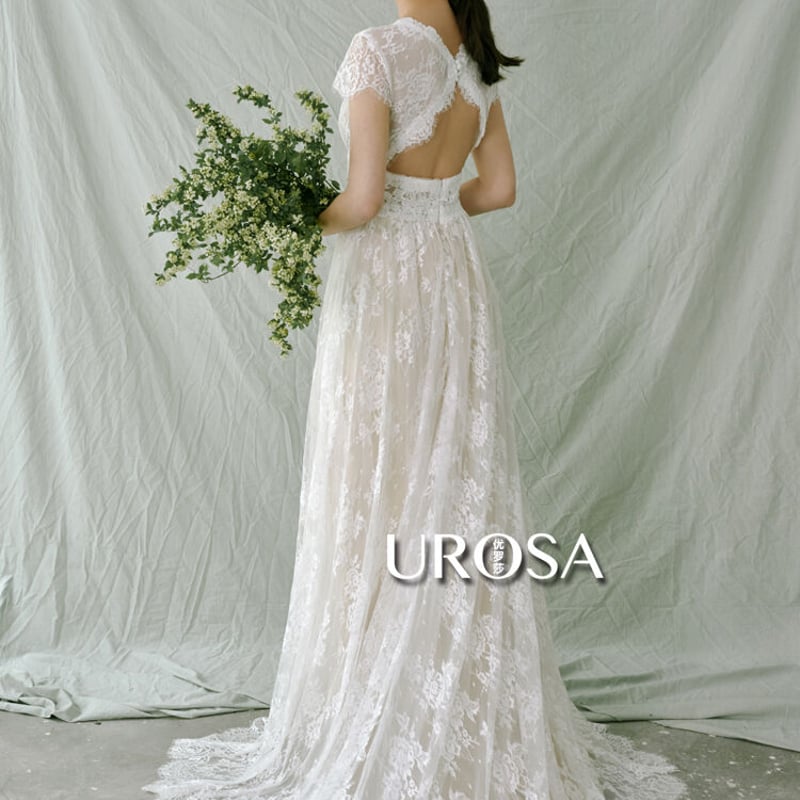 高品質！フランス風ウエディングドレス オフホワイト Vネックドレス  