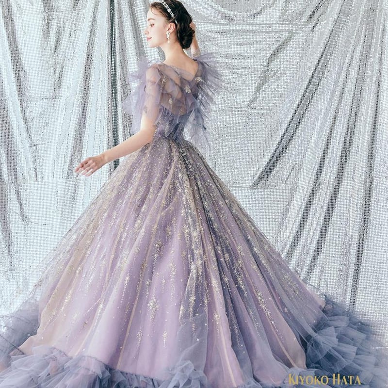 カラードレス パープル 取り外しトップス フリルトレーン 人前式/前