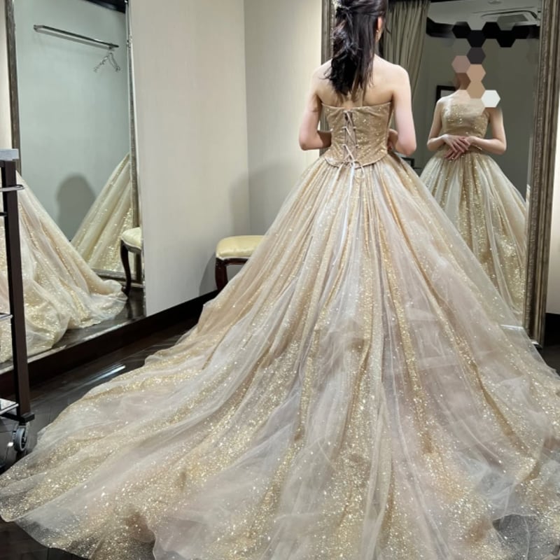 カラードレス ゴールド ベアトップ 編み上げ キラキラグリッターチュー