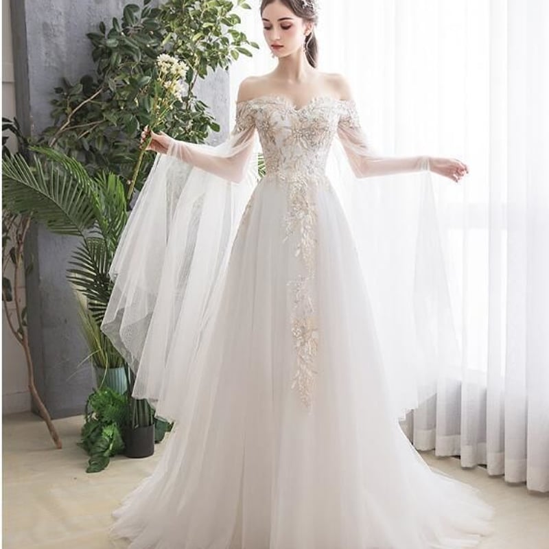 ☆とん☆ ホワイト Aライン ウェディングドレス シルクオーガンジー