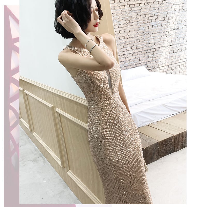 上品！シャンパン色 マーメイドライン パーティードレス スパンコール  