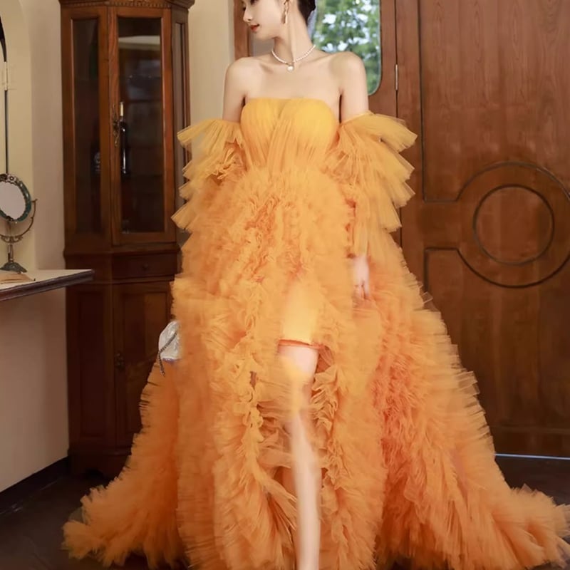 カラードレス オレンジ ベアトップ 取り外し袖 ラッフルフリル ビス 