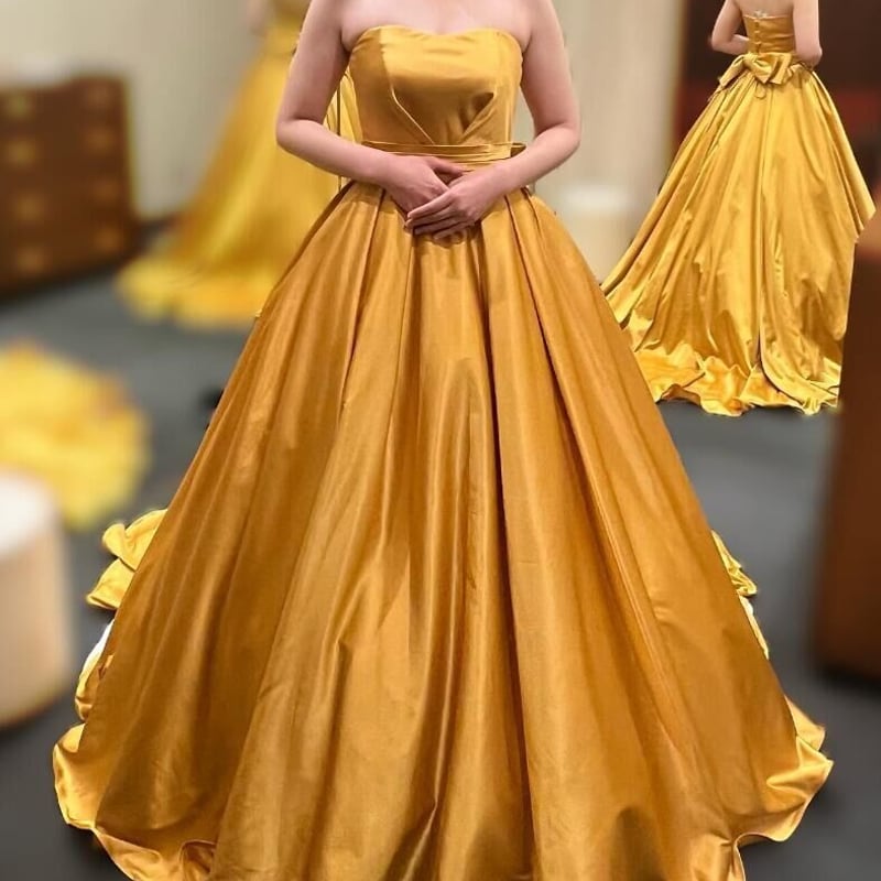 パーティードレス イエロー ベアトップ ふっくら柔らかなバックリボン  