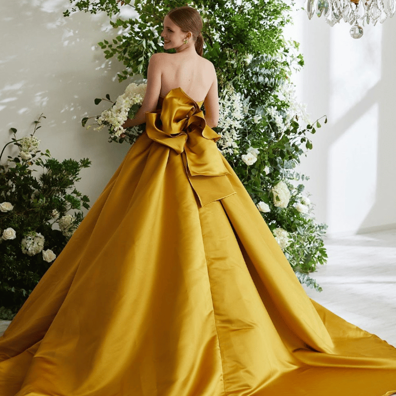 パーティードレス ベアトップ イエロー 結婚式 ふっくら柔らかなバック  
