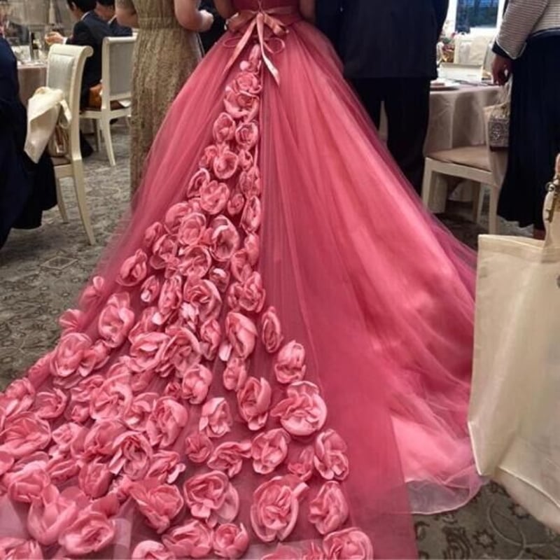 豪華高品質 カラードレス ピンク 3Dバラの花 ハンドメイド薔薇花 結婚