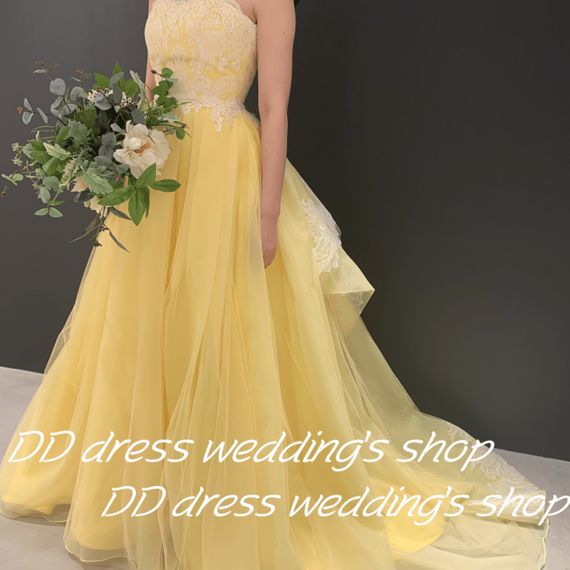 高品質！カラードレス イエロー ベアトップ 3D立体レース刺繍 DISNEY  