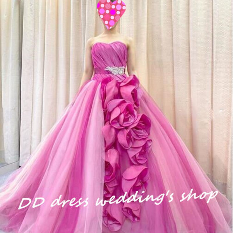 高品質！カラードレ ビビッドピンク ベアトップ 挙式 プリンセスライン  