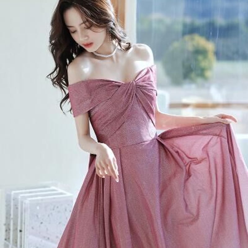 大人気上昇パーティードレス ピンク グラデーション オフショル