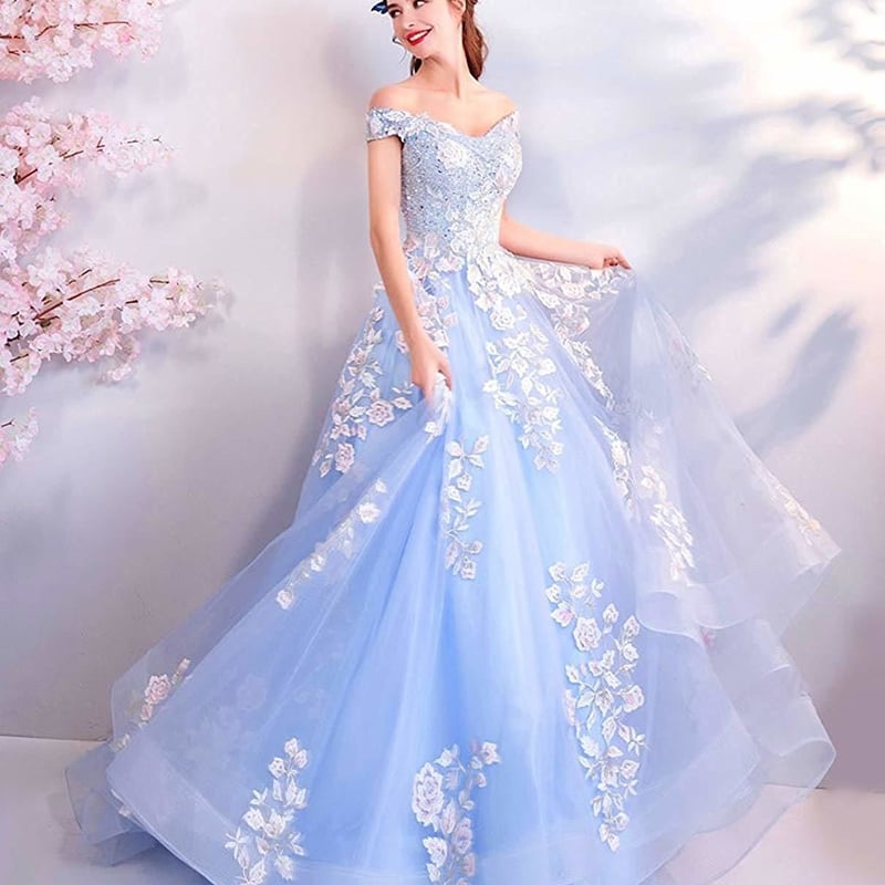 AN-67 刺繍お花ブルーウェディングドレス-