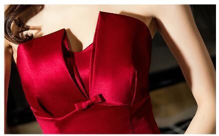 カラードレス ワインレッド 光沢サテン ベアトップ 豪華