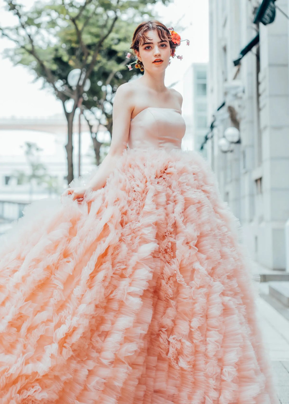 豪華！ ウェディングドレス 柔らかく重ねたチュールスカート ピンク  