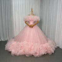 カラードレス ピンク 取り外し可能なオフショルダー  シークインチュール ウェーブ 華やかなトレーン 結婚式
