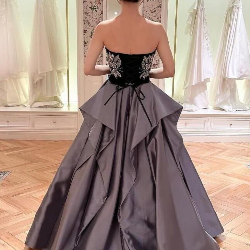 パーティードレス シルバーグ 3D立体レース刺繍 ラッフルフリル ロング